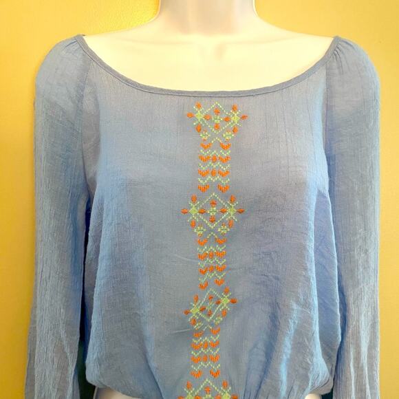 Blu Pepper Light Weight Long Sleeve Baby Blue Embroidered Shirt Blouse Large - Picture 3 of 6
